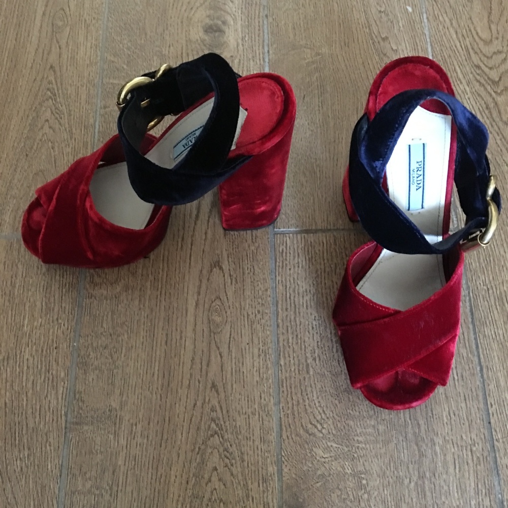 Prada Bicolor Velvet Red & Navy Platform Sandals - Picture 2 of 6